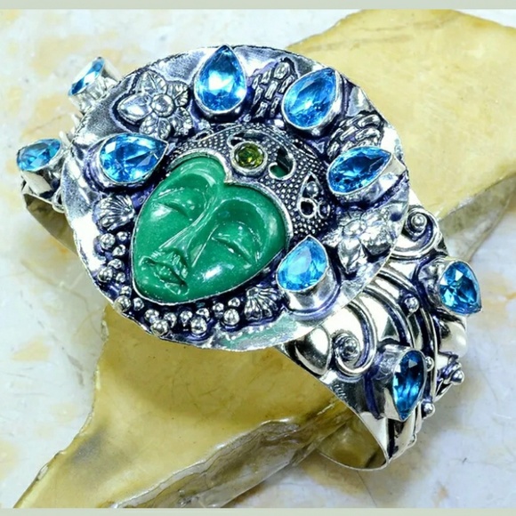 New Carved Goddess Face Blue Topaz & Peridot 925 Silver Cuff Bracelet. - Picture 8 of 8